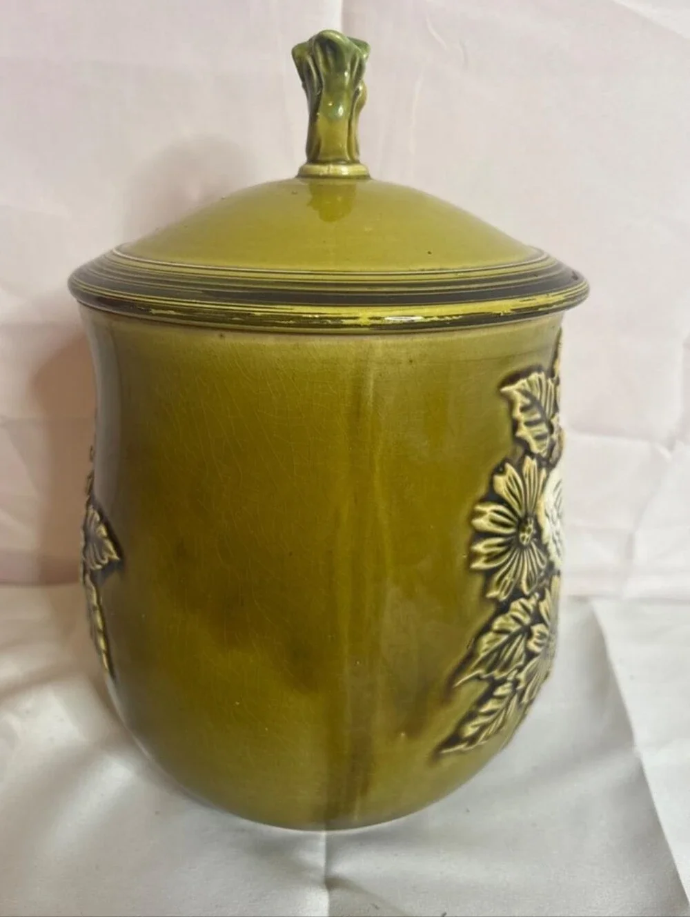 Vintage Mid-Century Olive Green Ceramic Butterfly Cookie Jar - Retro 1970s